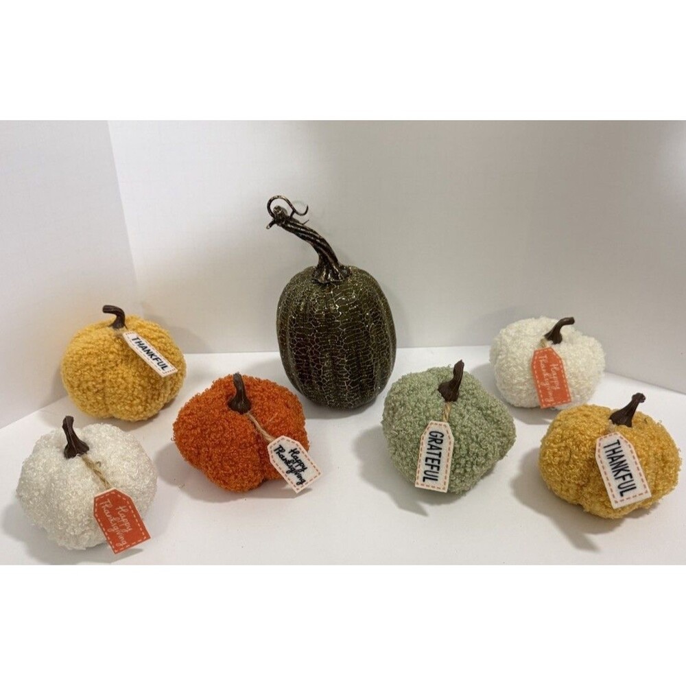 Fall Thanksgiving Glitter Boucle Pumpkin Decor Lot 7pc